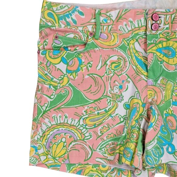 LILLY PULITZER Paisley Print Clifton Denim Shorts Sz 14 Elephant Monkey Stretch - Picture 2 of 10